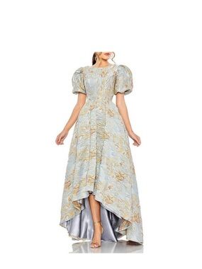 Mac Duggal 11608 Floral Jacquard High Low Evening Gown Blue + Gold Size 8 Dress